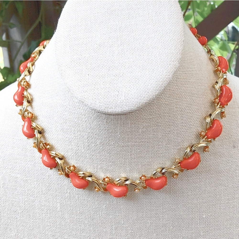 🧡 Vintage Signed Coro Orange Bean & Pearl Necklace